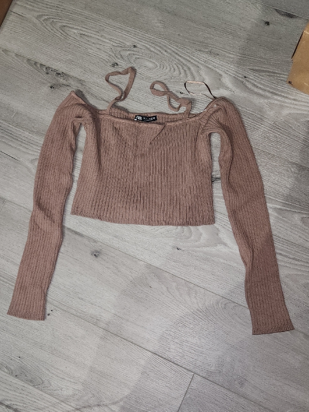 Zara Mauve-Taupe Off-the-Shoulder Ribbed Crop